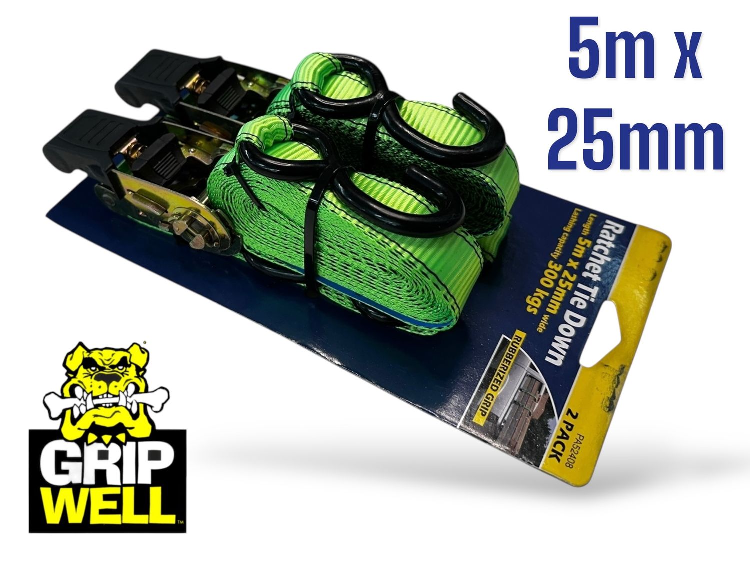 2Pc Ratchet Tie Downs 5m x 25mm 300kg Capacity