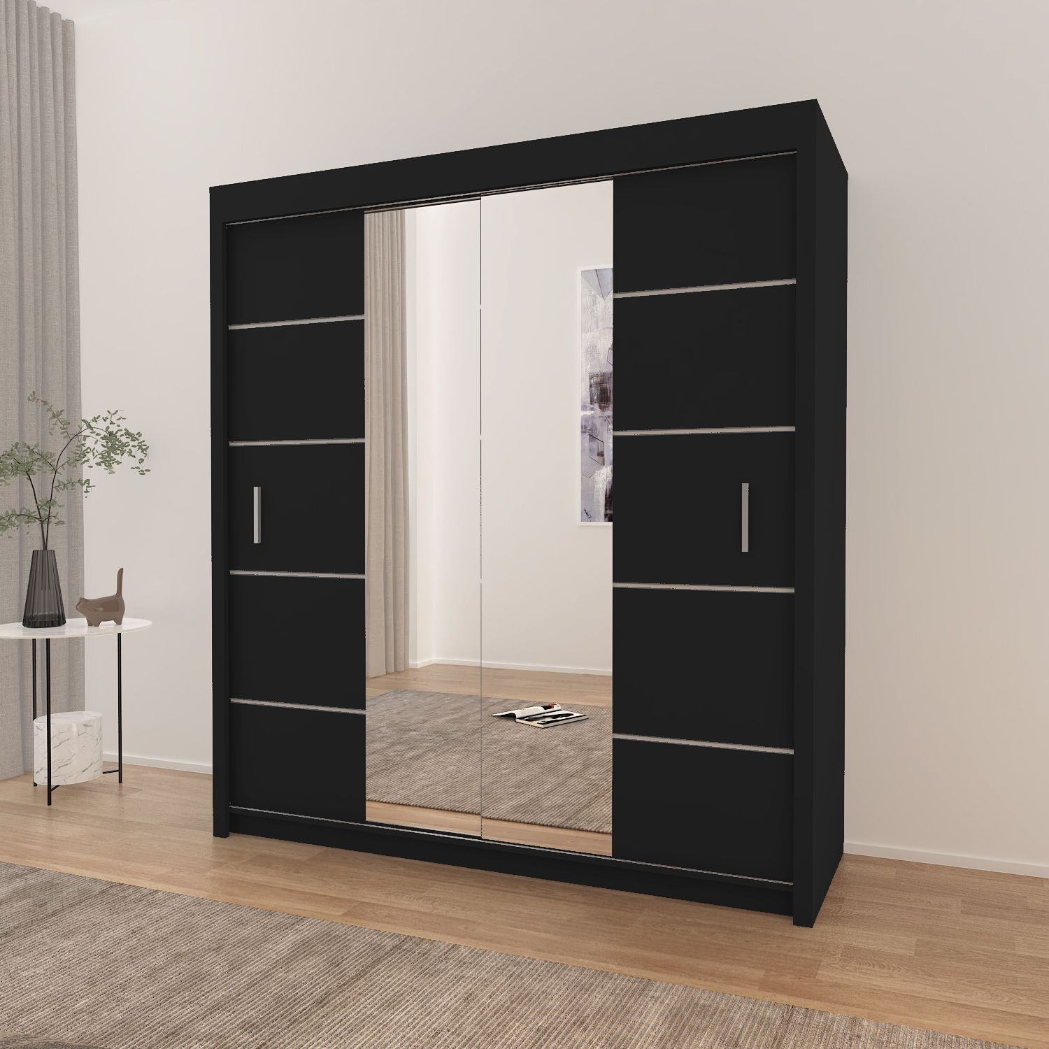 Black Sliding Wardrobe Centre Mirror Door 203cm – Olive