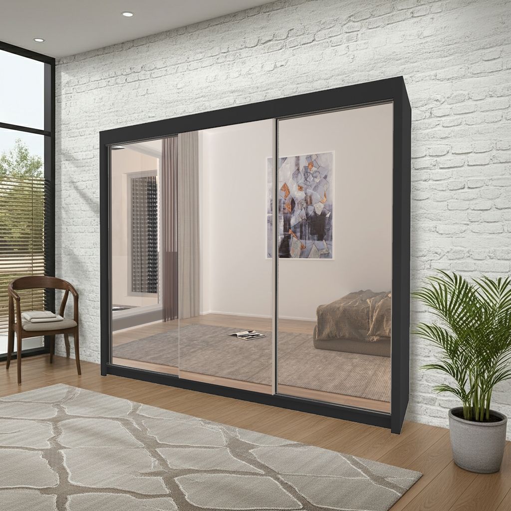 Maple 3 Door Full Mirror Sliding Wardrobe 250 cm | Black