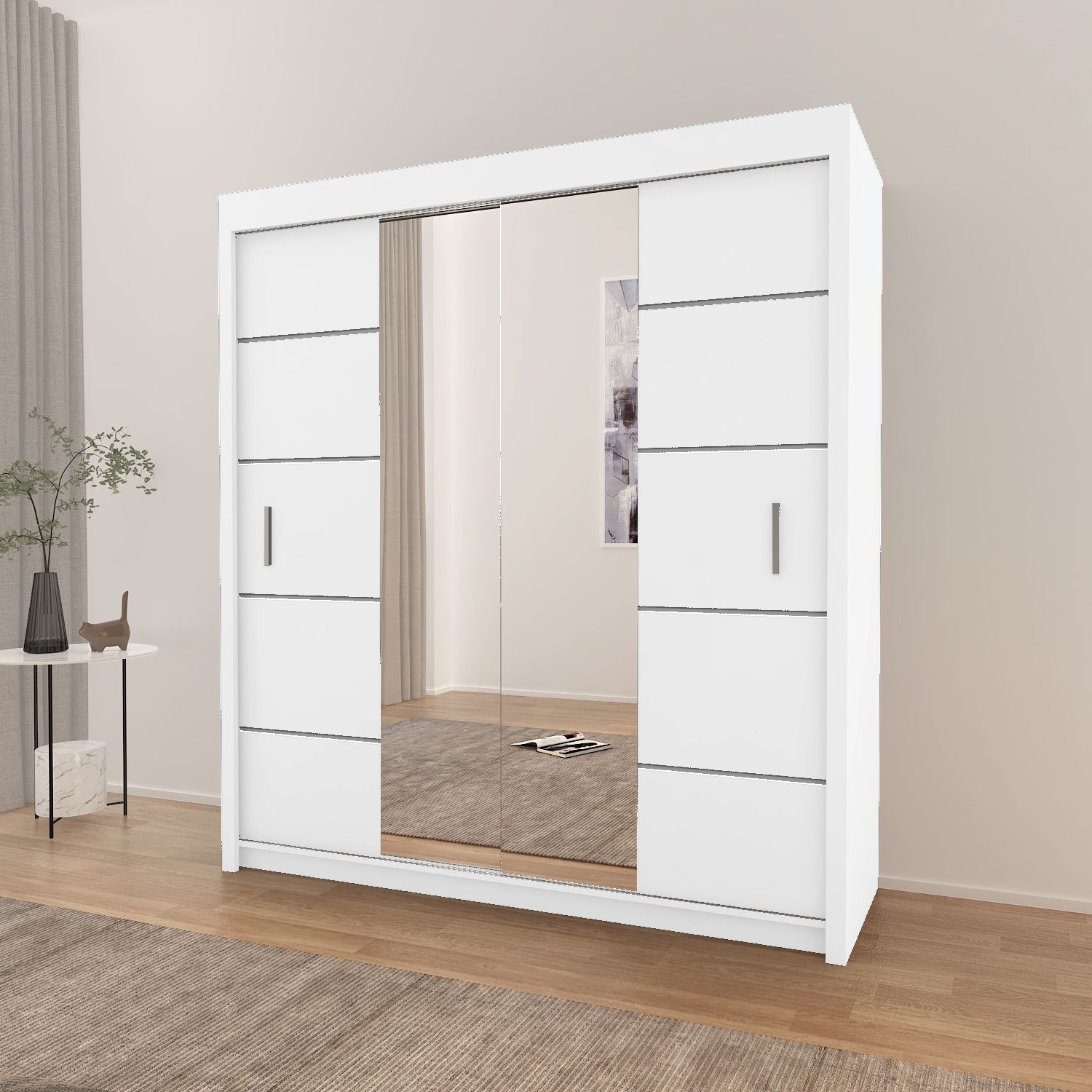 White Sliding Wardrobe Centre Mirror Door 203cm – Olive