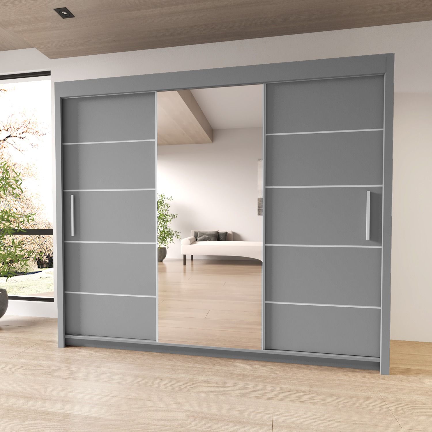 Grey Sliding Wardrobe Centre Mirror Door 250cm – Olive