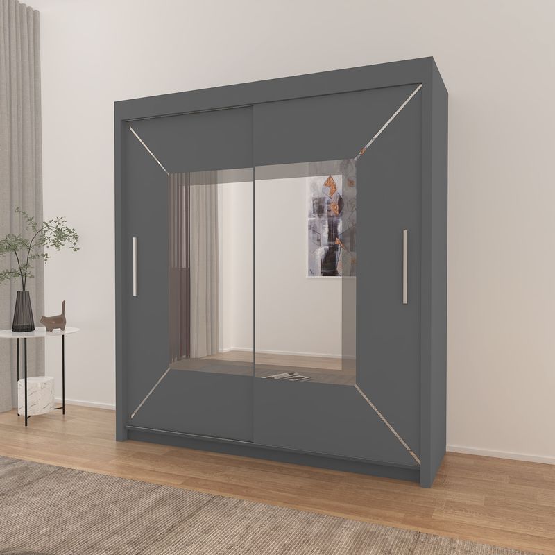 Sliding Mirror Door Wardrobe-Nicole 180 cm | Grey