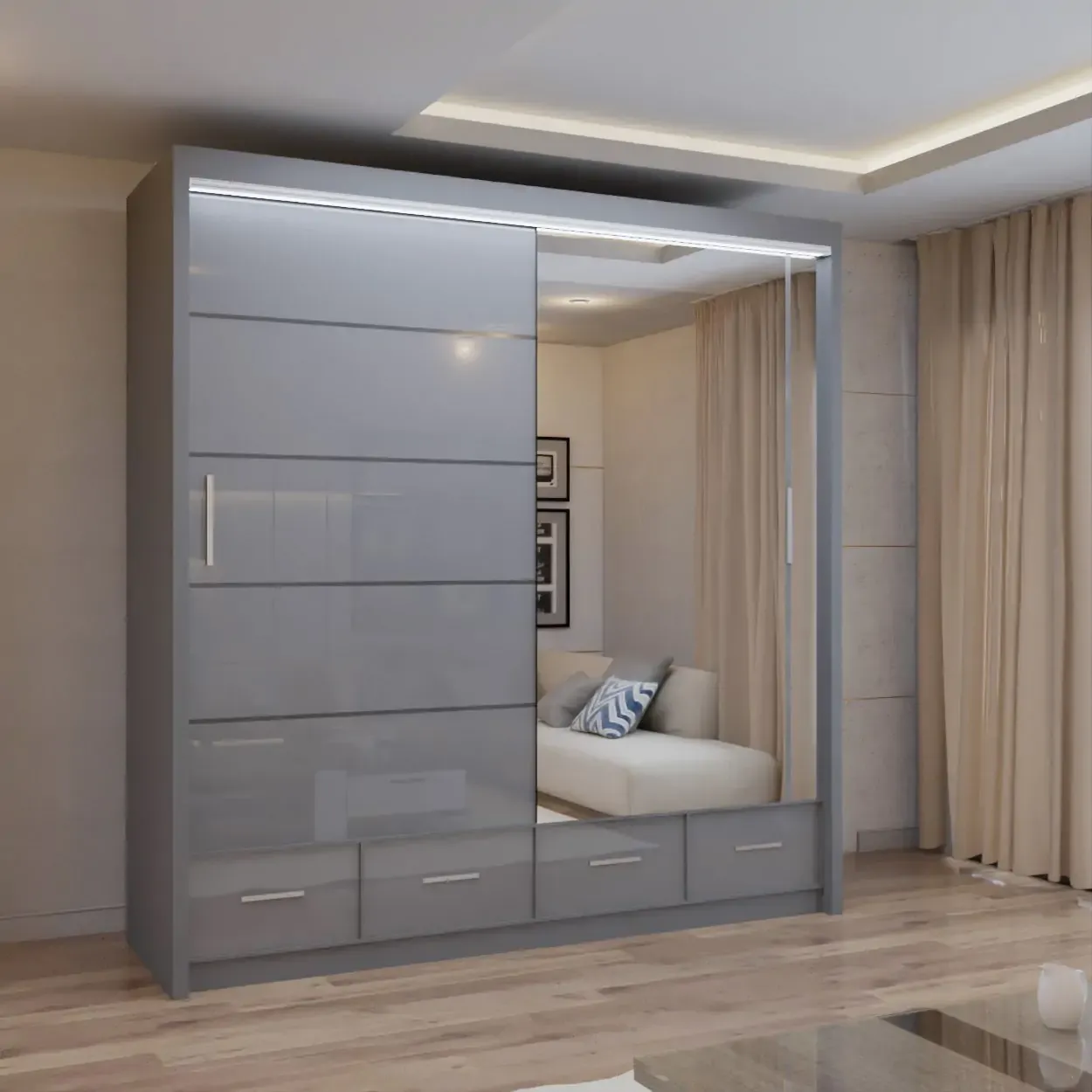 Flavia 3 Door High Gloss Sliding Wardrobe 203cm – Modern Bedroom Storage | White - Black - Grey