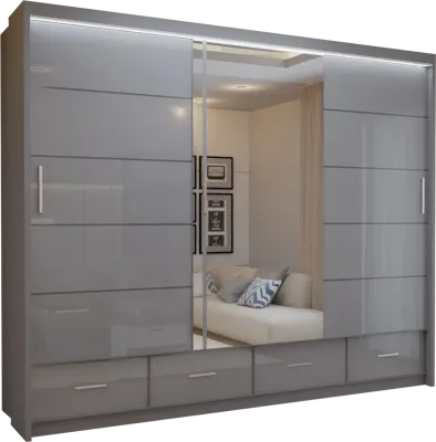 Flavia Large High Gloss Sliding Wardrobe 250cm – 4 Drawer Bedroom Wardrobe | White - Black - Grey