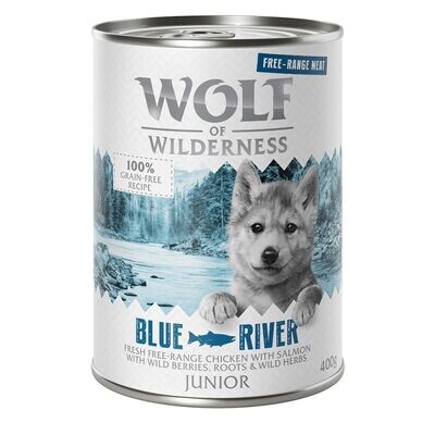 Wolf of Wilderness • Free-Range Meat • Grain Free • Blue River • Fresh Free-Range Chicken with Salmon with Wild Berries, Roots and Wild Herbs • Puppy