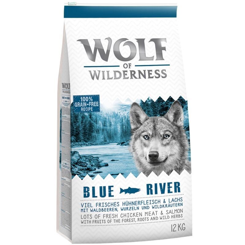 Wolf of Wilderness • Grain Free • Blue River • Lots of Fresh Chicken Meat & Salmon with Fruits of The Forest, Roots and Wild Herbs