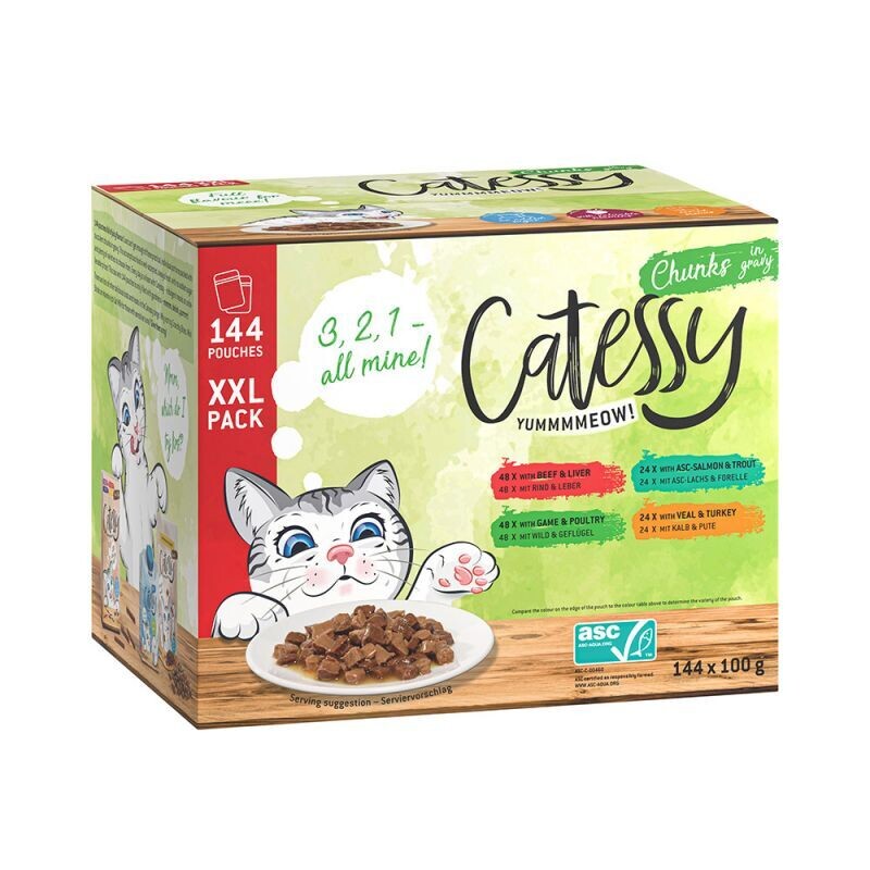 Catessy • Chunks in Gravy • Mixpack • 48 pcs • Rind und Leber, Wild und Geflügel, ASC-Lachs und Forelle, Kalb und Pute