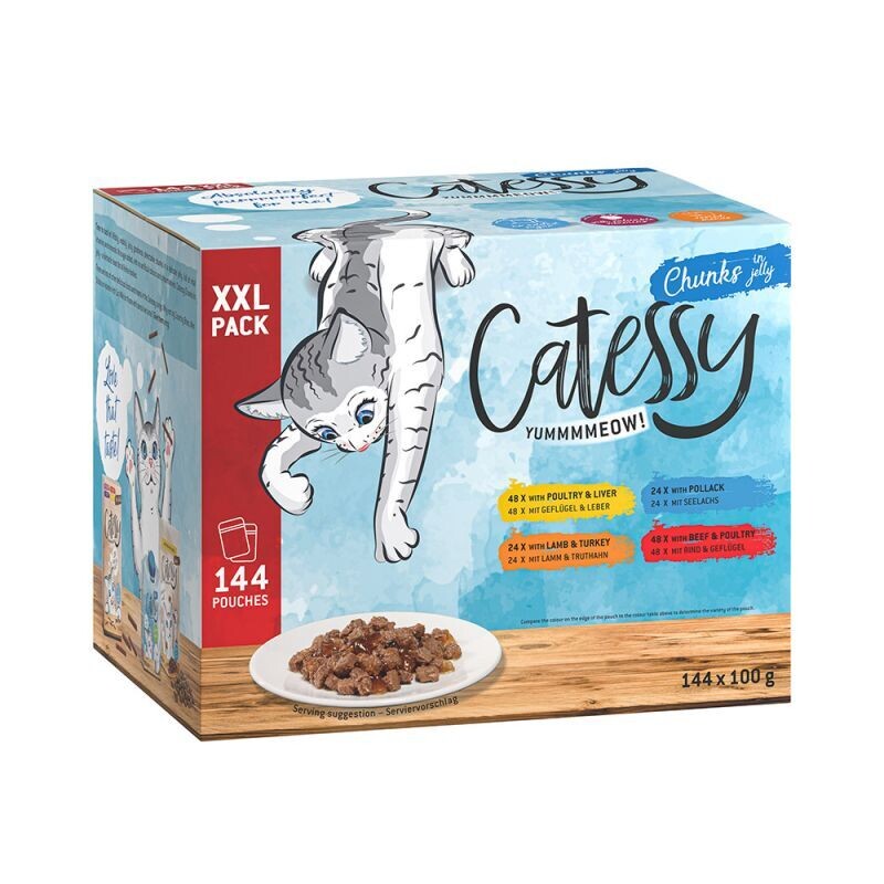 Catessy • Chunks in Jelly • Mixpack • 48 pcs • Geflügel und Leber, Rind und Geflügel, Seelachs, Lamm und Truthahn