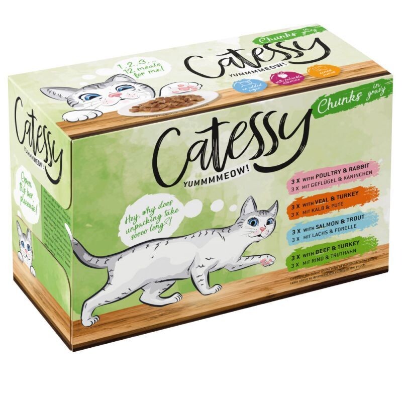Catessy • Chunks in Gravy • Mixpack • Geflügel & Kaninchen, Kalb & Pute, Lachs & Forelle, Rind & Truthahn