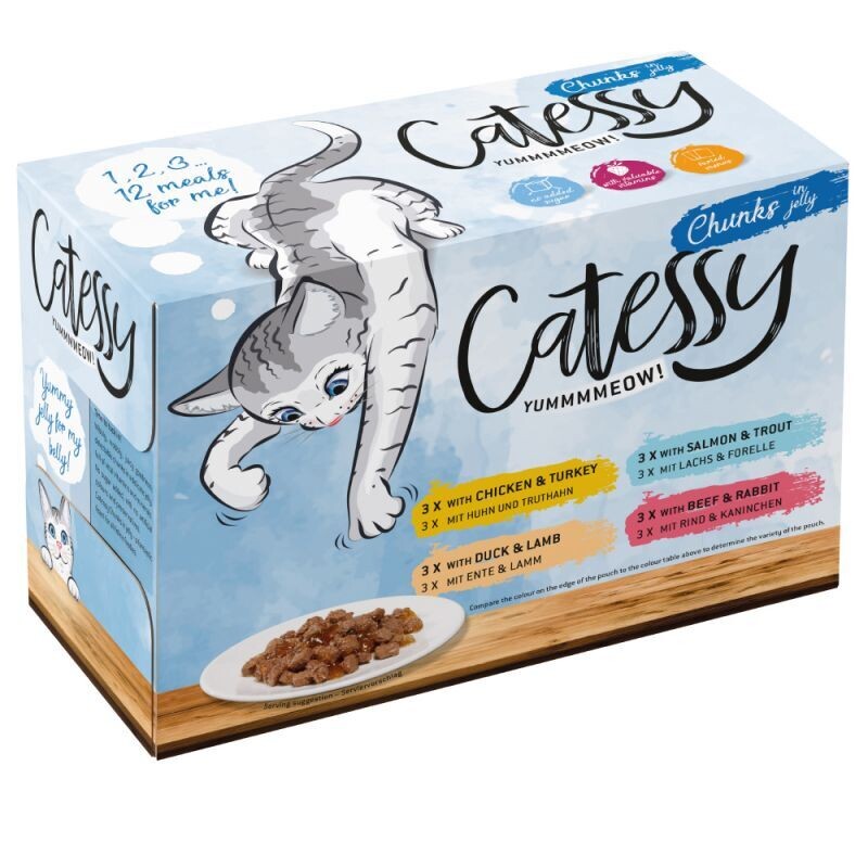Catessy • Chunks in Jelly • Mixpack • Huhn &amp; Truthahn, Ente &amp; Lamm, Rind &amp; Kaninchen, Lachs &amp; Forelle