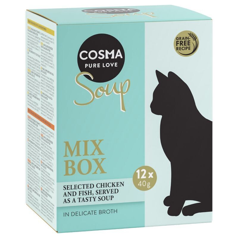 Cosma • Soup • in Delicate Broth • Mix Box II (Chicken &amp; Salmon &amp; Courgettes &amp; Carrots, Tuna &amp; Green Peas, Chicken &amp; Chicken Liver &amp; Broccoli, Chicken &amp; Asparagus)