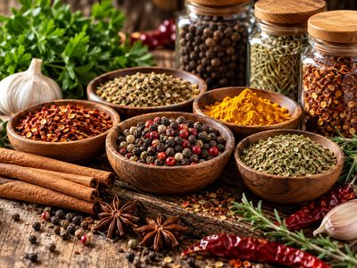 Assorted spices, herbs and seasonings displayed in wooden bowls with cinnamon and peppercorns.