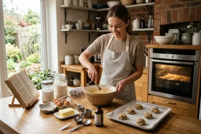 Woman preparing cookie dough in a home kitchen with baking ingredients and a tray of cookies.