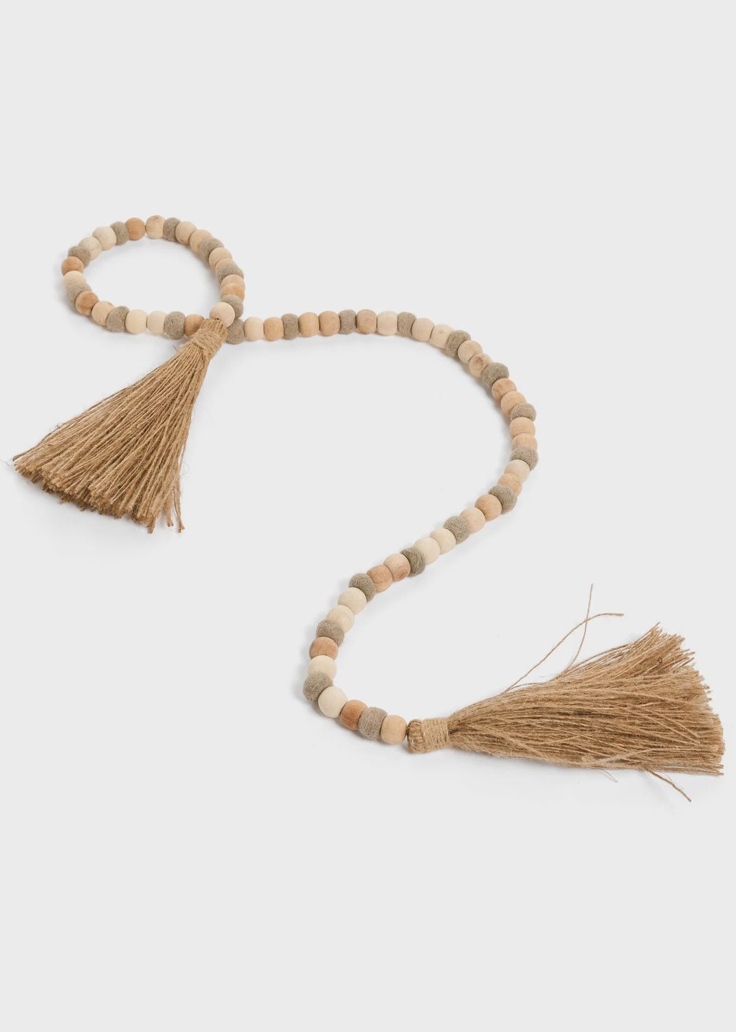 Wooden and Wool Garland, Style: Wood Beads with Grey and Natural Tassels