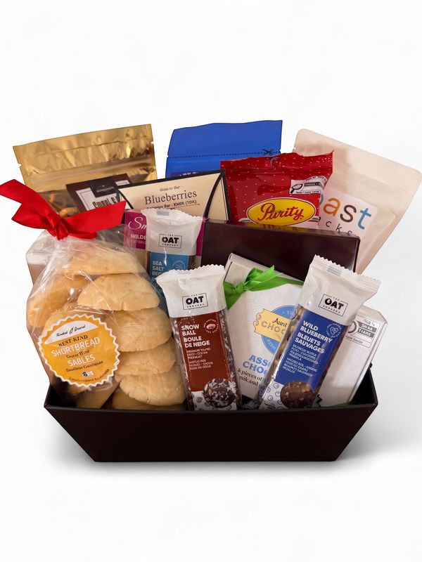 Snack Attack Newfoundland gift basket filled with local chocolates, cookies, candies and sweet and salty treats.
