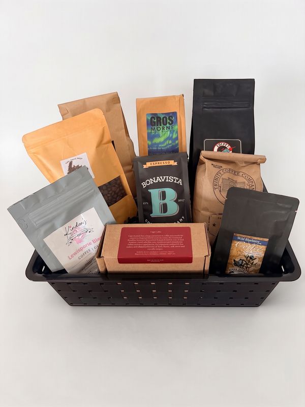 Assorted Newfoundland coffee bags featuring Windrose, Kinden's, Gros Morne, Cape Coffee and other coffee brands.