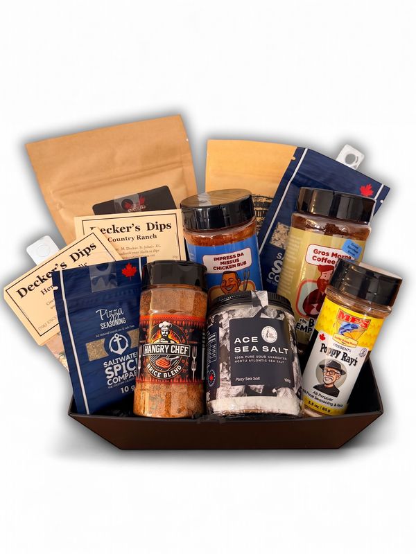 The Spicy One Newfoundland gift basket featuring BBQ rubs, spice blends, gourmet salts and seasoning mixes.