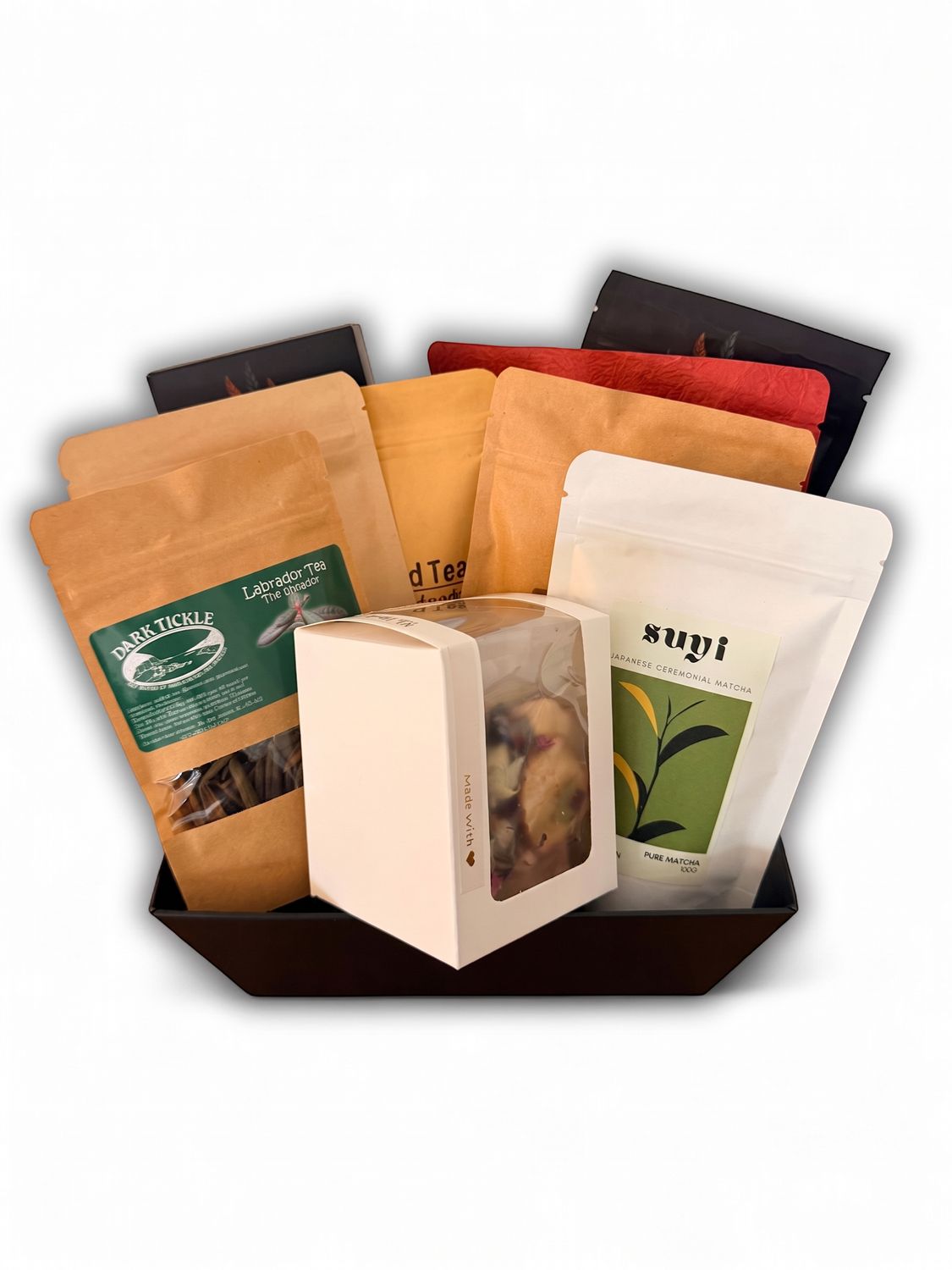 Tea Lovers Newfoundland gift basket with specialty teas, matcha, tea filters and sugar cubes from Urban Market 1919.