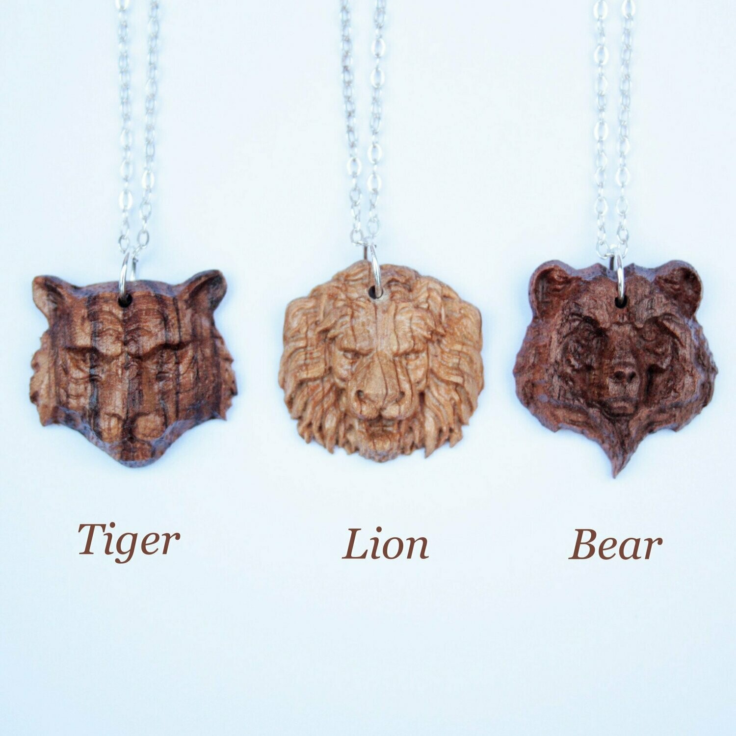 3D Tiger, Lion or Bear Wood Pendant on Sterling Silver Chain