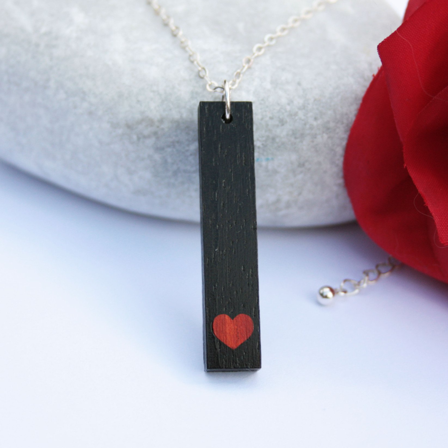 Ebony and African Padauk Heart Inlay Wood Pendant on Sterling Silver Chain