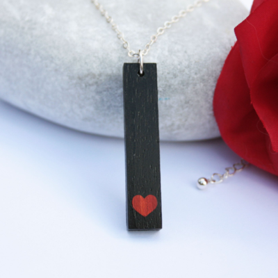 Ebony and African Padauk Heart Inlay Wood Pendant on Sterling Silver Chain