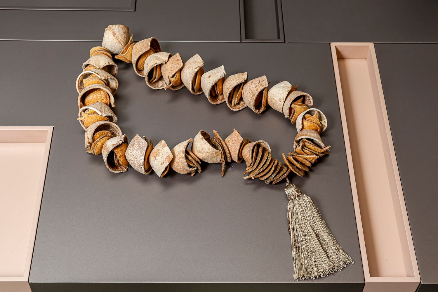 Bleached Mixed Fruit Sculpture with Silk Pendant