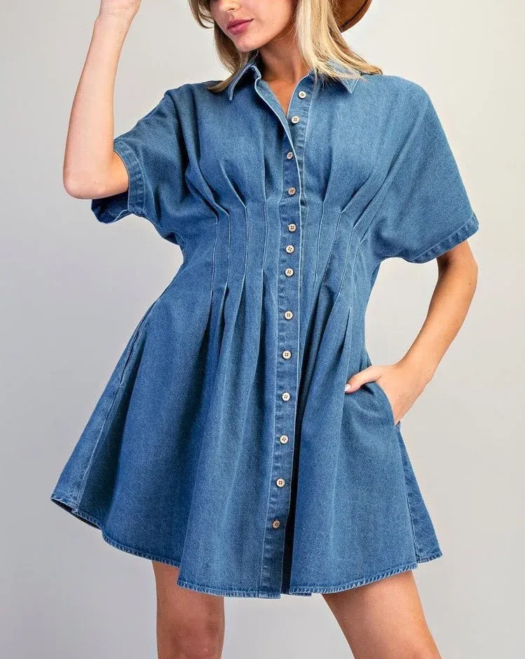 PLEATED DENIM MINI DRESS