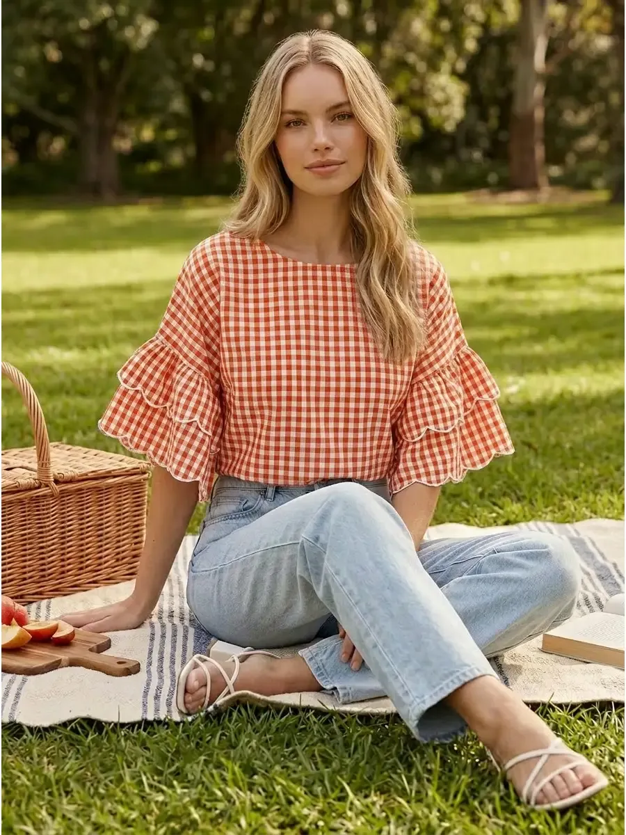 CHARMING GINGHAM RUFFLE SLEEVE SHIRT