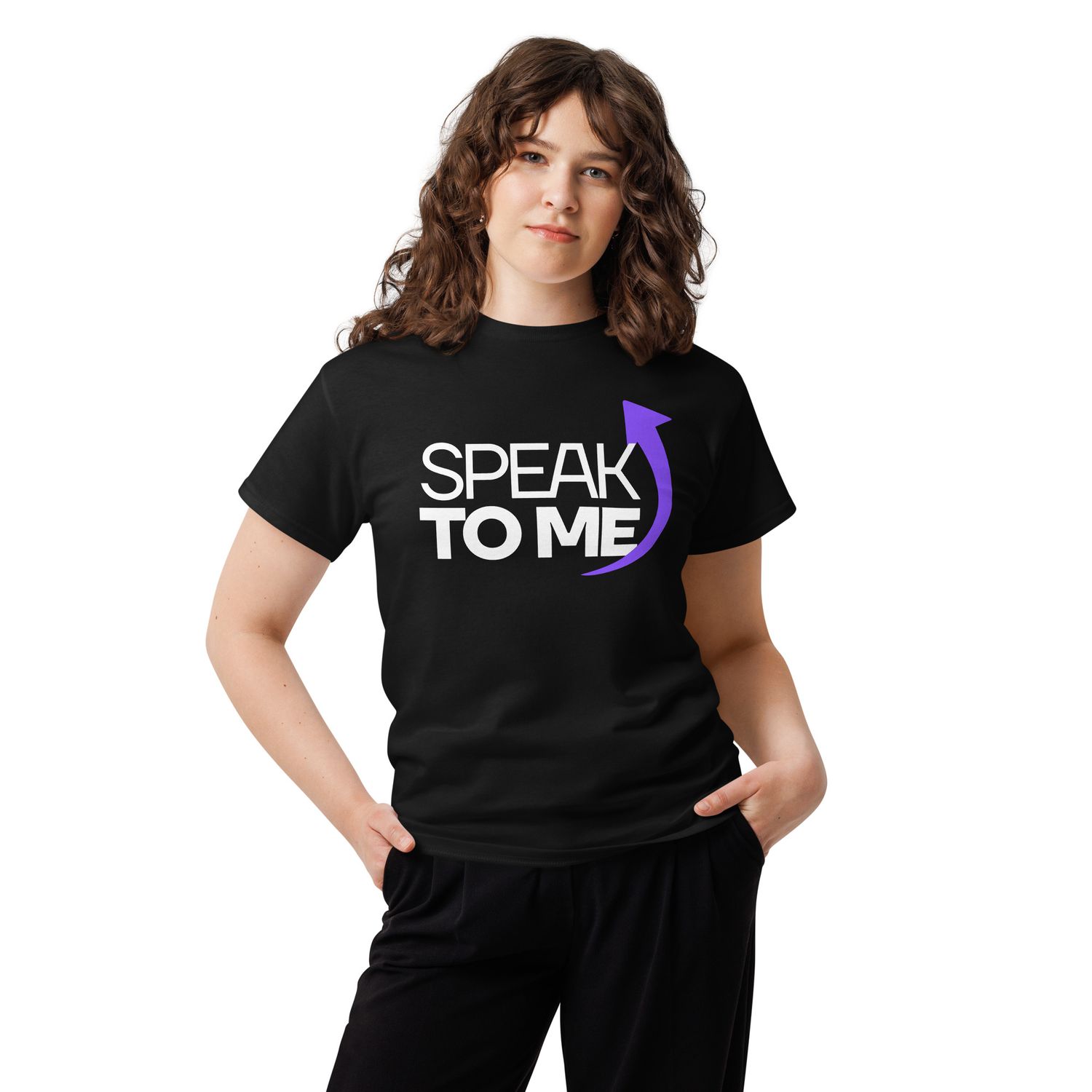Speak To Me with Purple Up Arrow | Dark Unisex Classic Tee by Diverse Designs Person wearing a black "Speak to me" shirt with a purple up arrow.