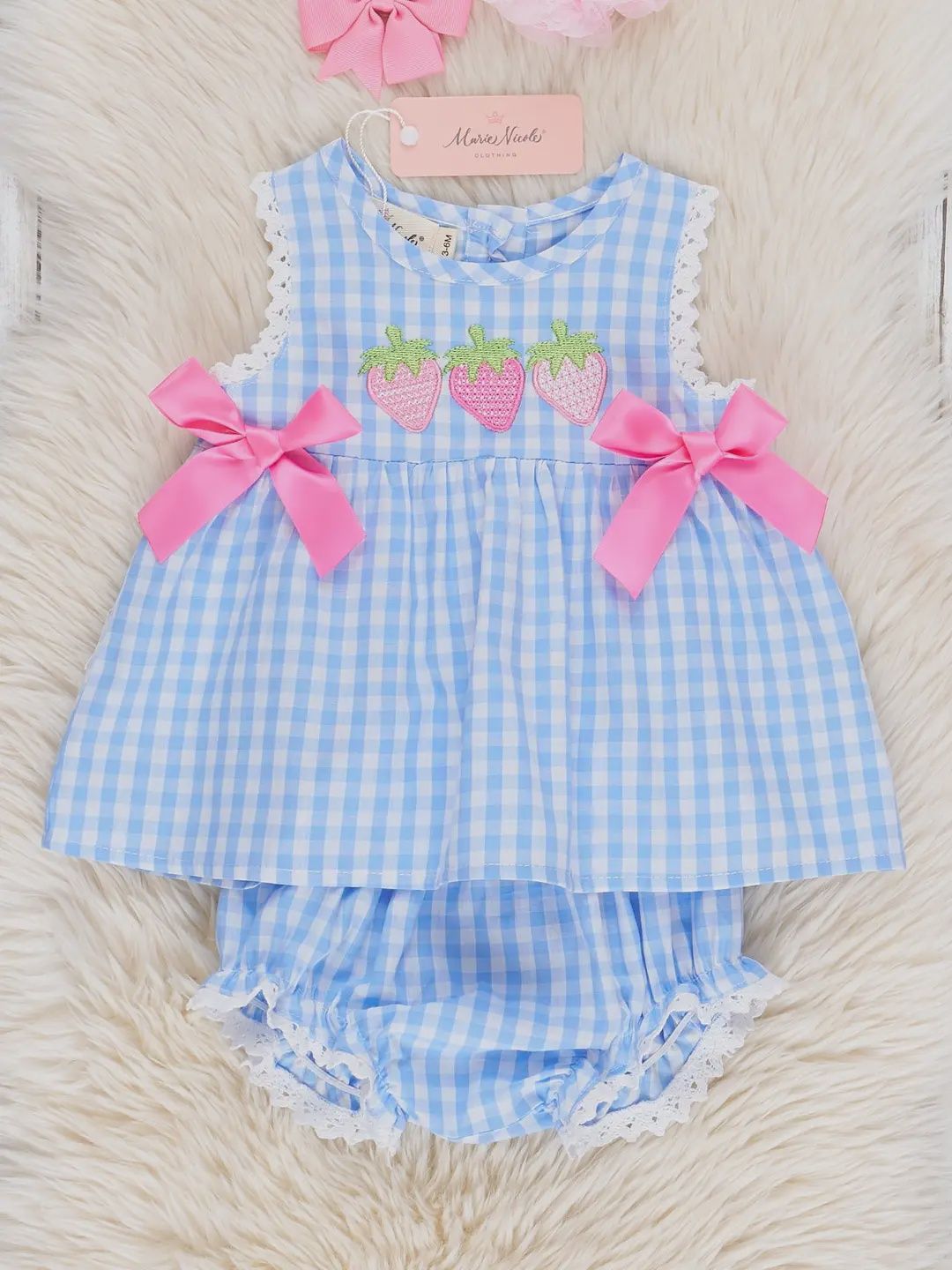 Gingham Embroidered Strawberries 100% Cotton Bloomers Outfit