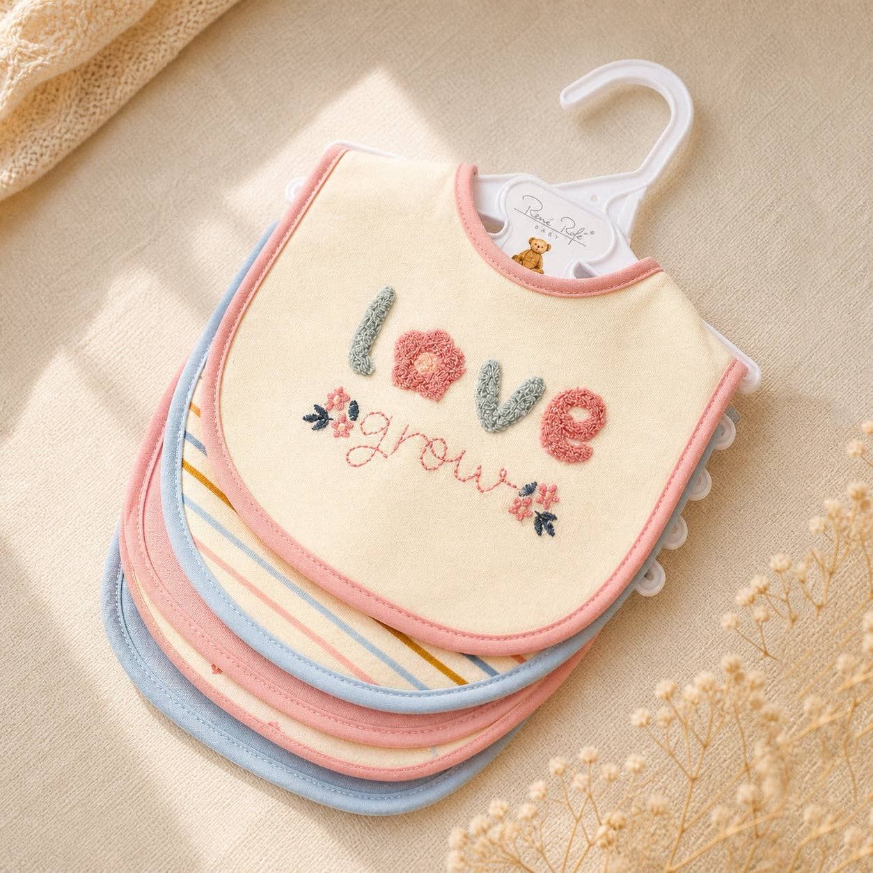 5 Pack Love Grow Soft Cotton Poly Embroidered Baby Bibs