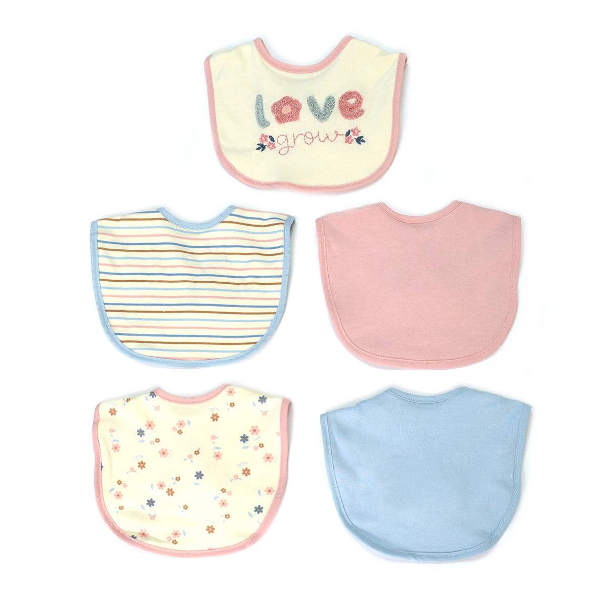 5 Pack Love Grow Soft Cotton Poly Embroidered Baby Bibs