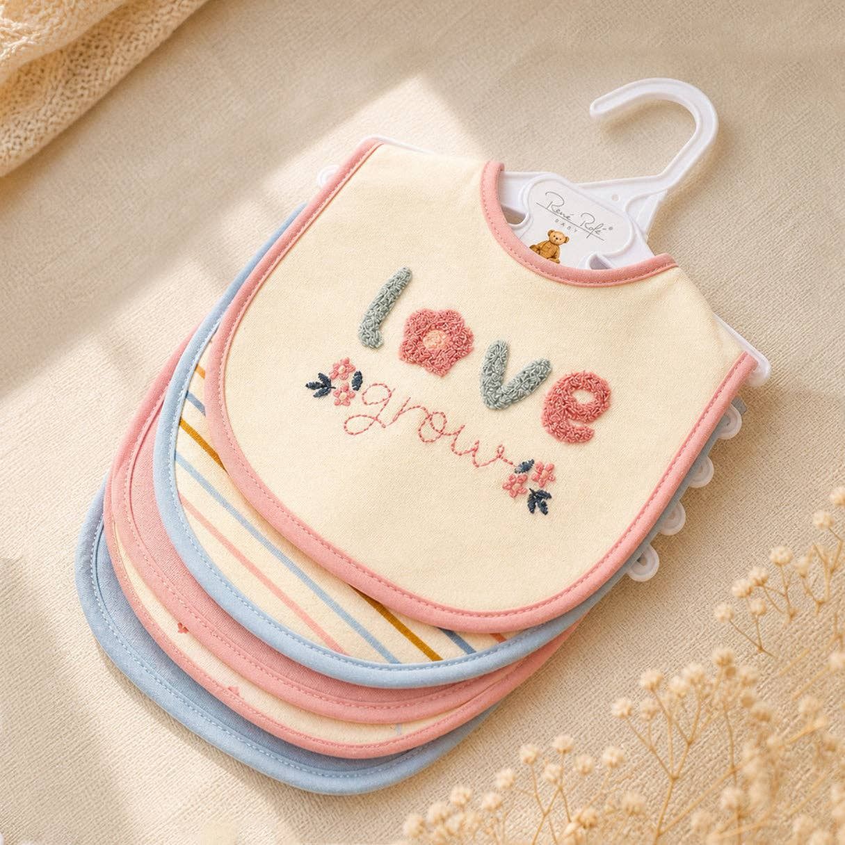 5 Pack Love Grow Soft Cotton Poly Embroidered Baby Bibs