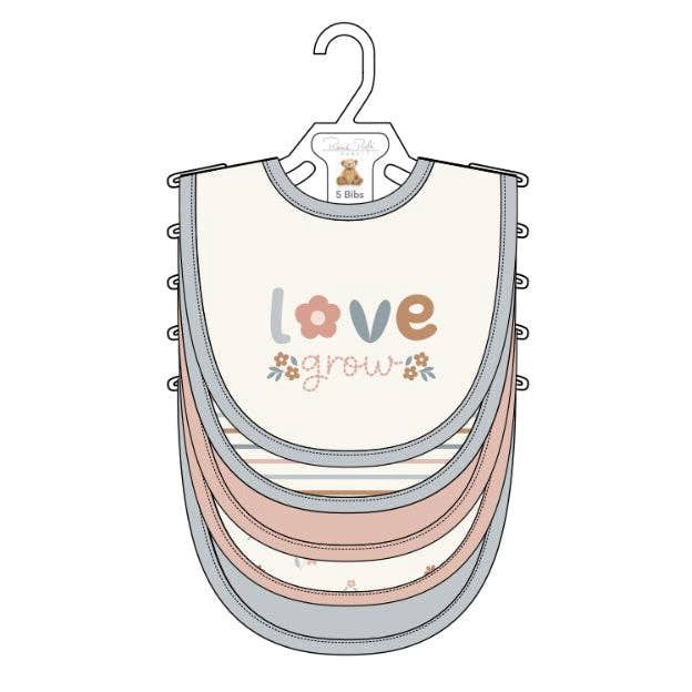 5 Pack Love Grow Soft Cotton Poly Embroidered Baby Bibs