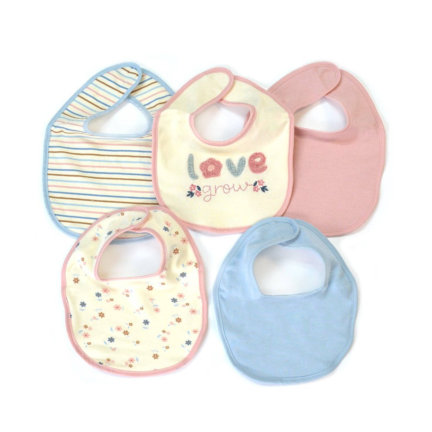 5 Pack Love Grow Soft Cotton Poly Embroidered Baby Bibs