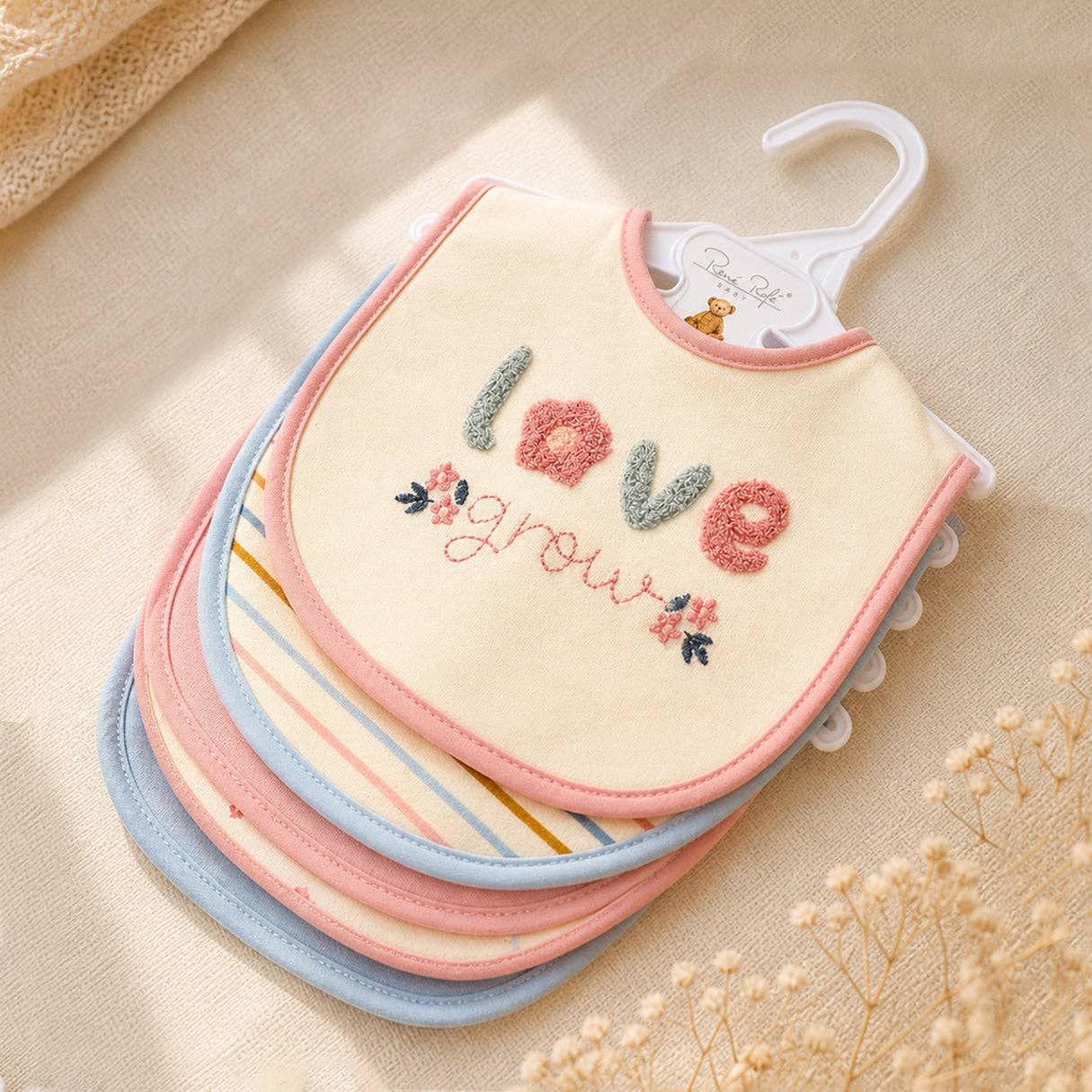 5 Pack Love Grow Soft Cotton Poly Embroidered Baby Bibs