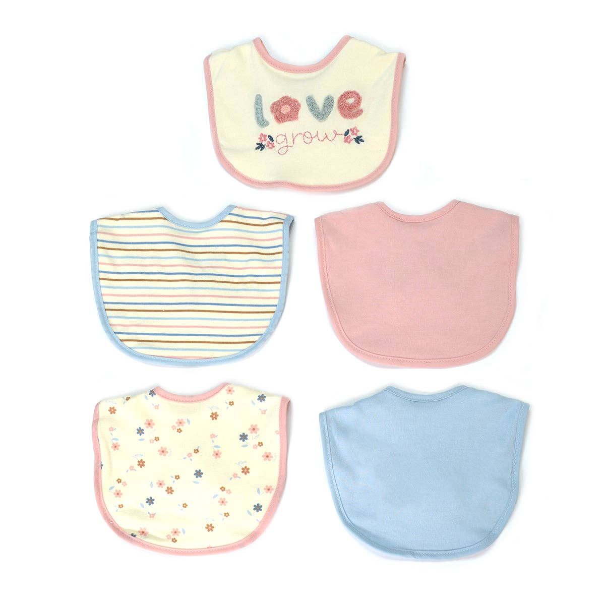 5 Pack Love Grow Soft Cotton Poly Embroidered Baby Bibs