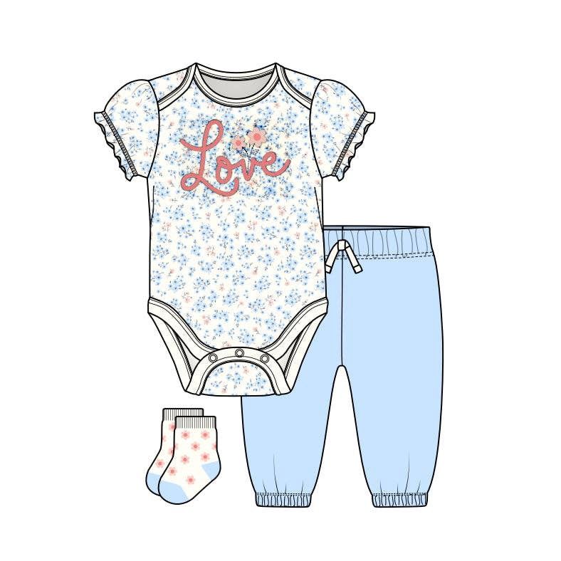 Baby 3pcs Love Chenille Applique Bodysuit Socks Pants Set
