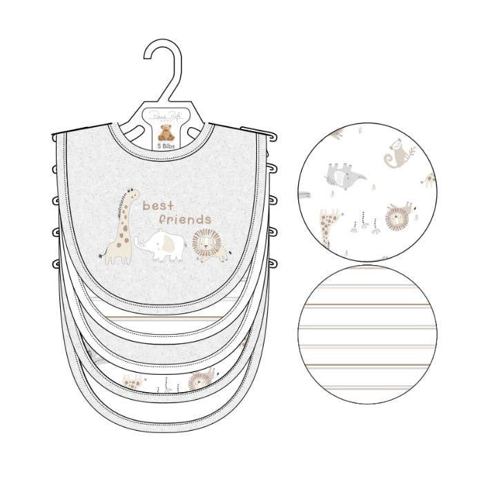 5 Pack Safari Pattern Soft Cotton Poly Embroidered Baby Bibs