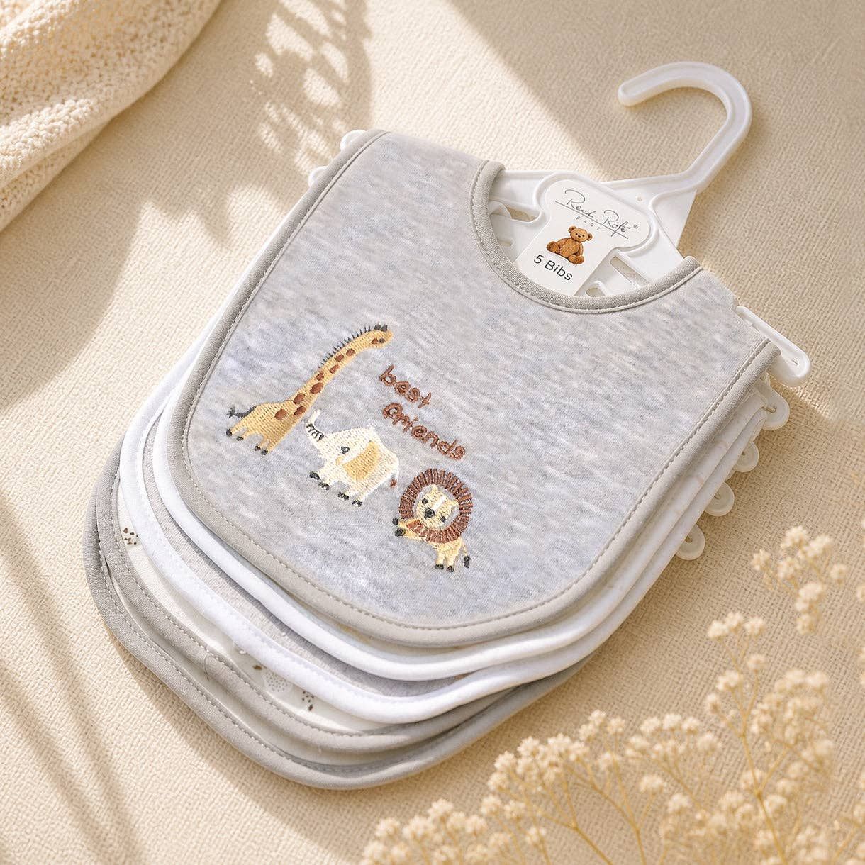 5 Pack Safari Pattern Soft Cotton Poly Embroidered Baby Bibs