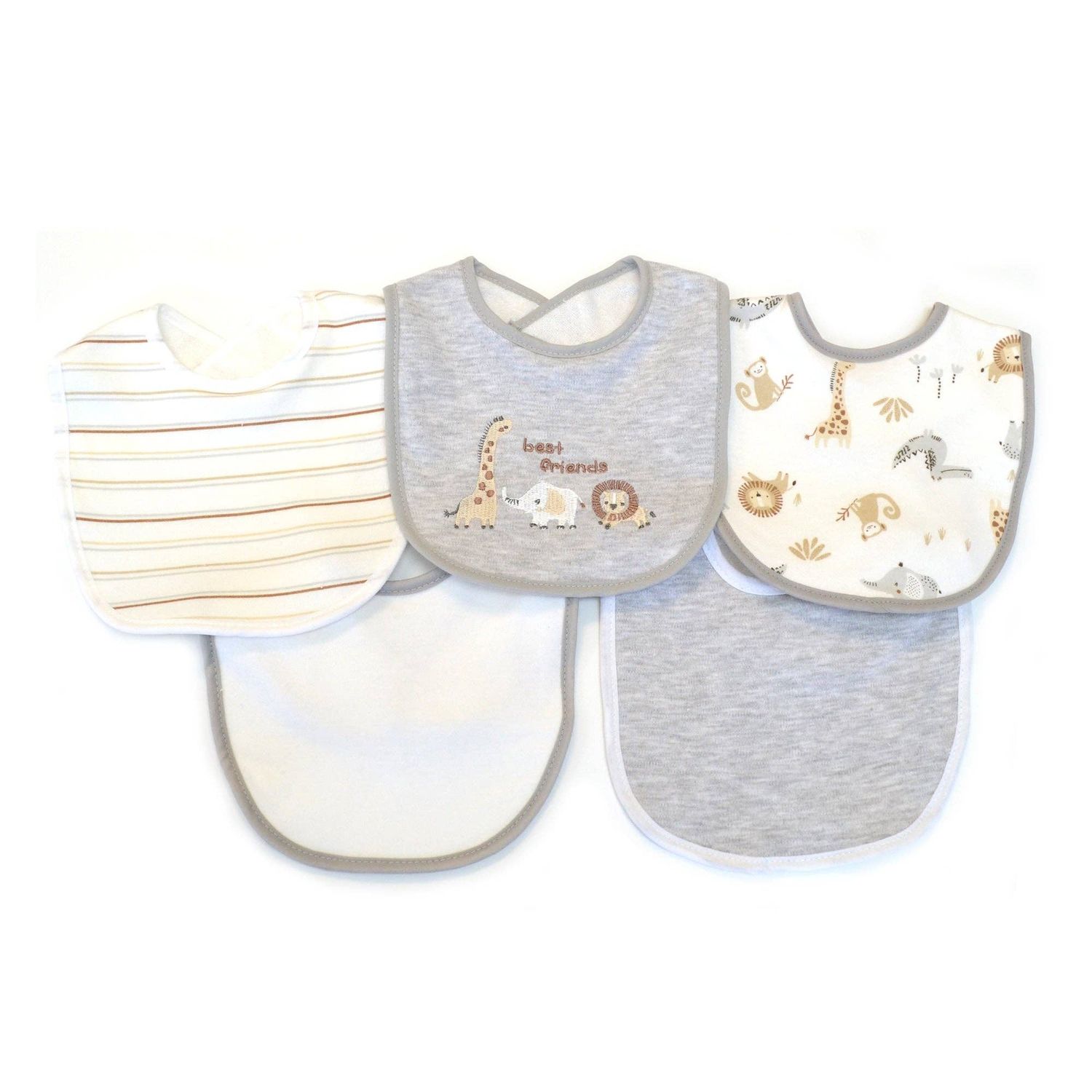 5 Pack Safari Pattern Soft Cotton Poly Embroidered Baby Bibs