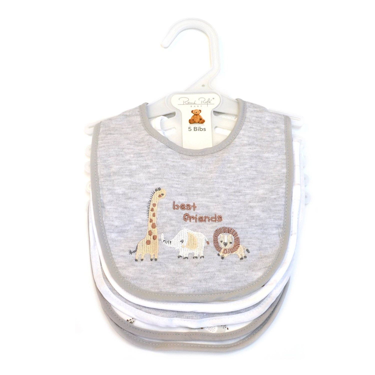 5 Pack Safari Pattern Soft Cotton Poly Embroidered Baby Bibs