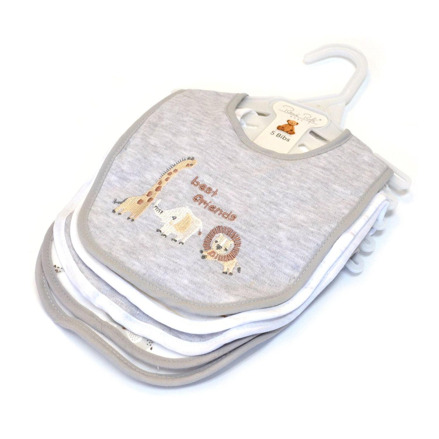 5 Pack Safari Pattern Soft Cotton Poly Embroidered Baby Bibs
