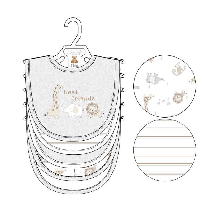 5 Pack Safari Pattern Soft Cotton Poly Embroidered Baby Bibs