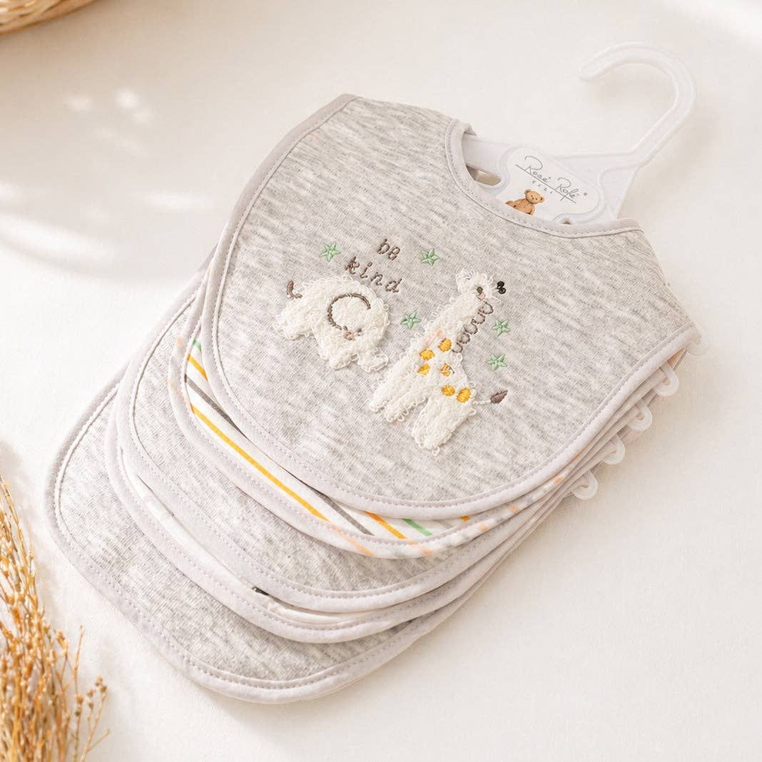 5 Pack Elephant &amp; Giraffe Soft Cotton Poly Embroidered Baby Bibs