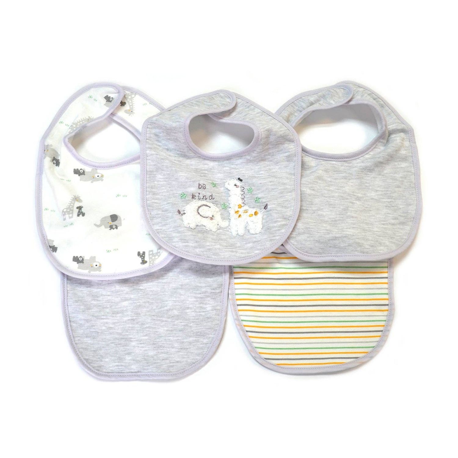 5 Pack Elephant &amp; Giraffe Soft Cotton Poly Embroidered Baby Bibs