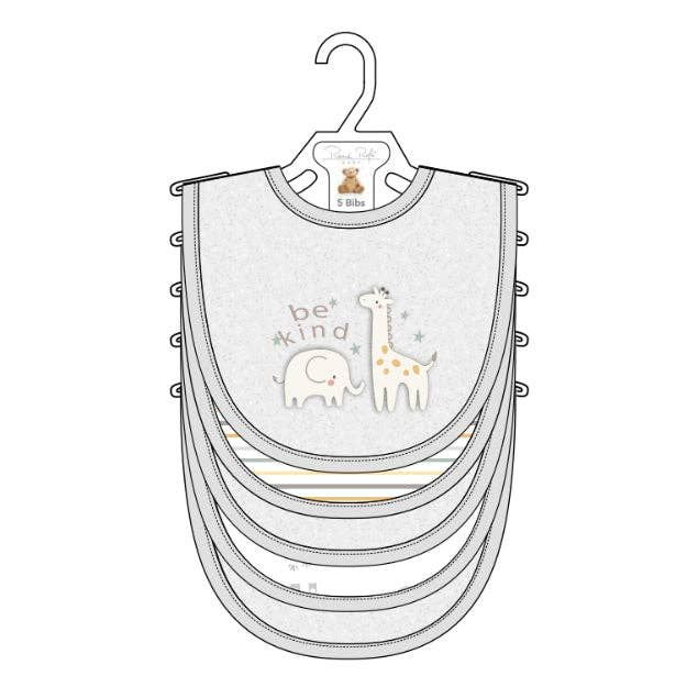 5 Pack Elephant &amp; Giraffe Soft Cotton Poly Embroidered Baby Bibs