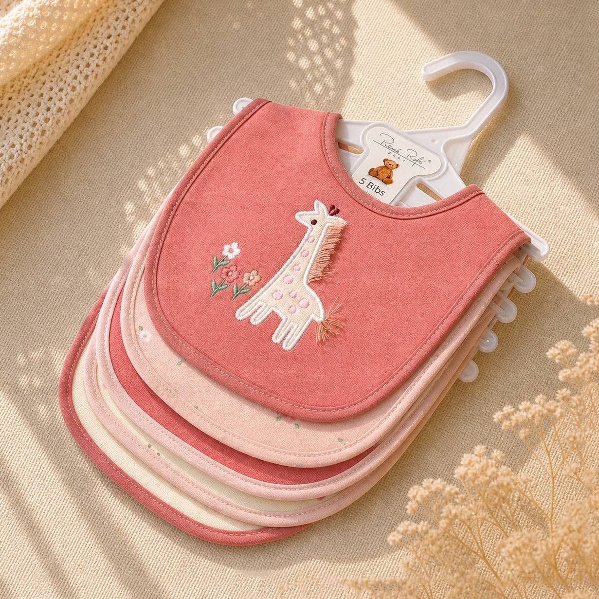 5 Pack Giraffe Pattern Soft Cotton Poly Embroidered Baby Bibs