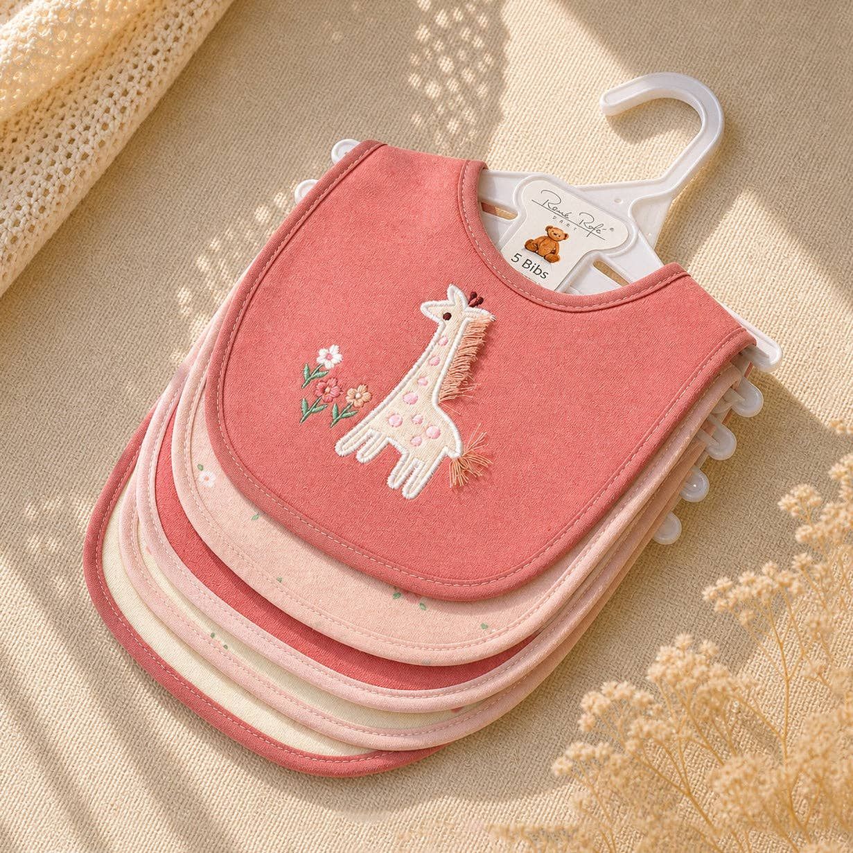 5 Pack Giraffe Pattern Soft Cotton Poly Embroidered Baby Bibs