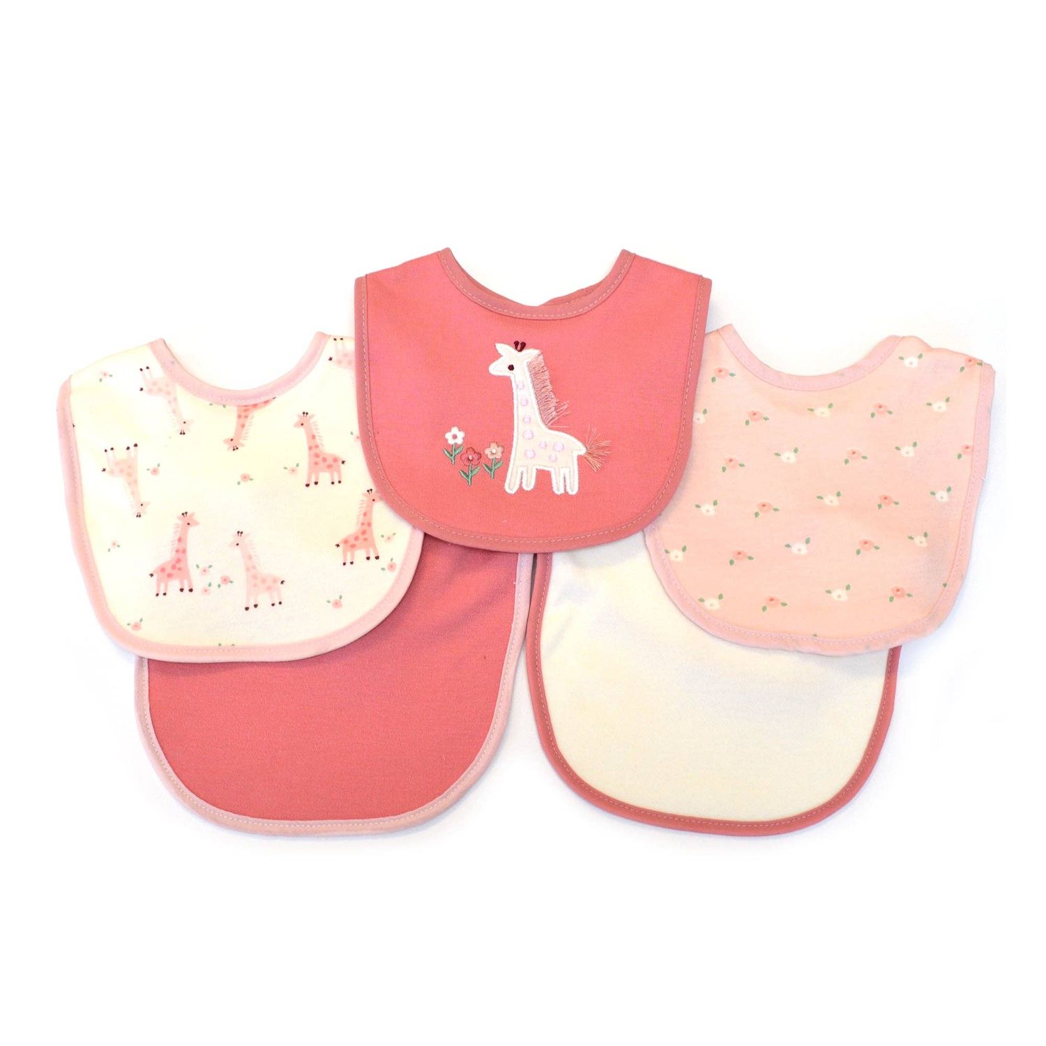 5 Pack Giraffe Pattern Soft Cotton Poly Embroidered Baby Bibs
